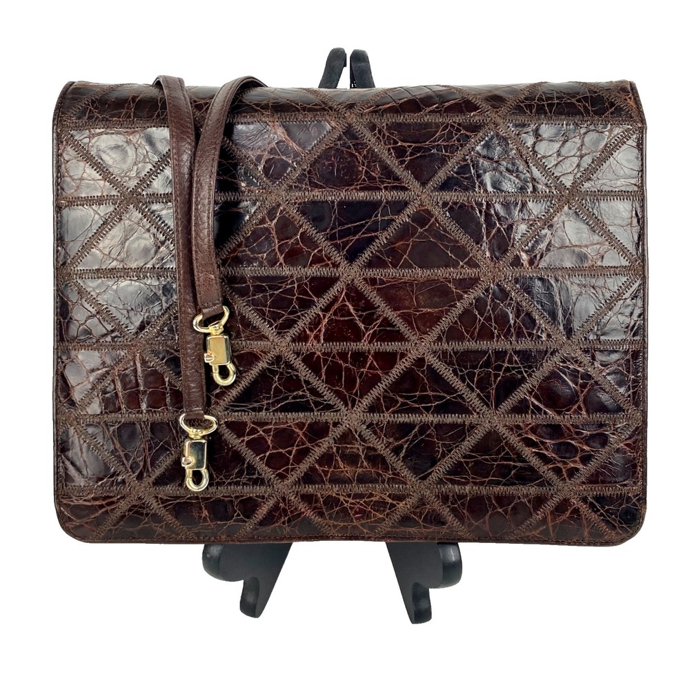 Italian Croc Skin Leather Clutch Shoulder Bag Brown Purse Vtg Detachable Strap